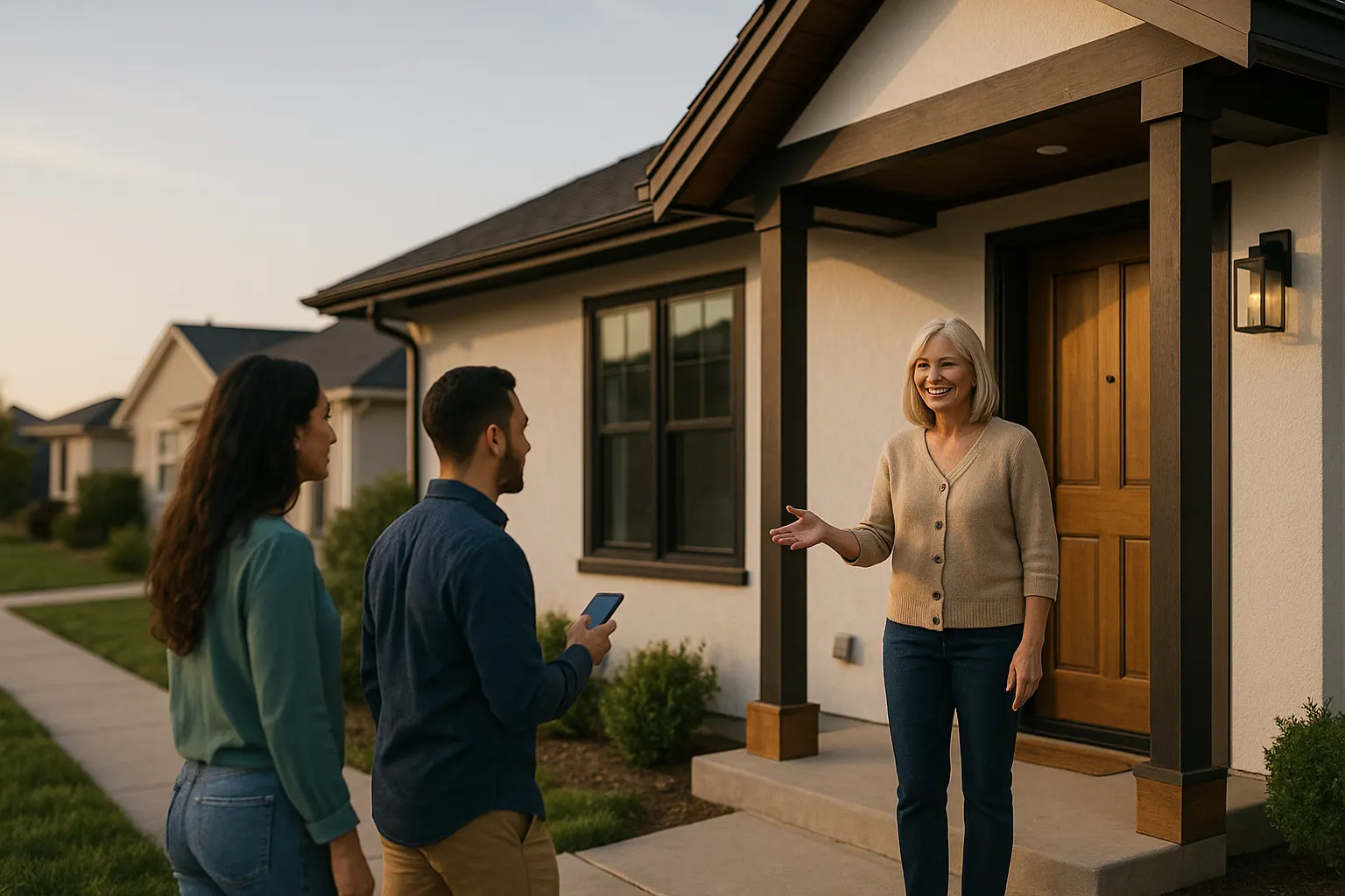 A homeowner greets a couple arriving at her front door for a showing