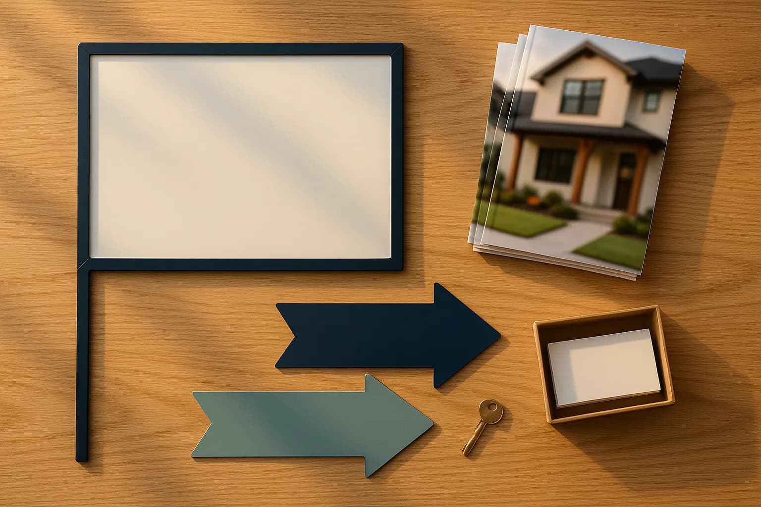 Yard sign, brochures, directional signs, and business cards laid out on a table